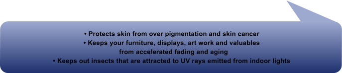 � Protects skin from over pigmentation and skin cancer � Keeps your furniture, displays, art work and valuables   from accelerated fading and aging � Keeps out insects that are attracted to UV rays emitted from indoor lights